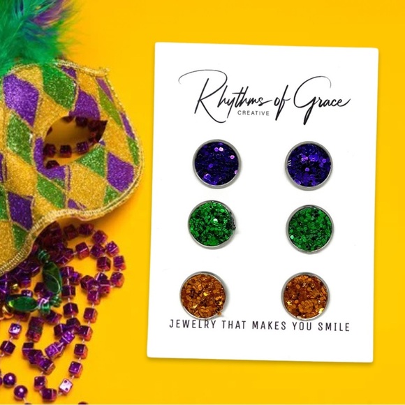 Sparkle & Shine: Mardi Gras Trio of Glitter Stud Earrings! NWT Studs - Picture 7 of 10